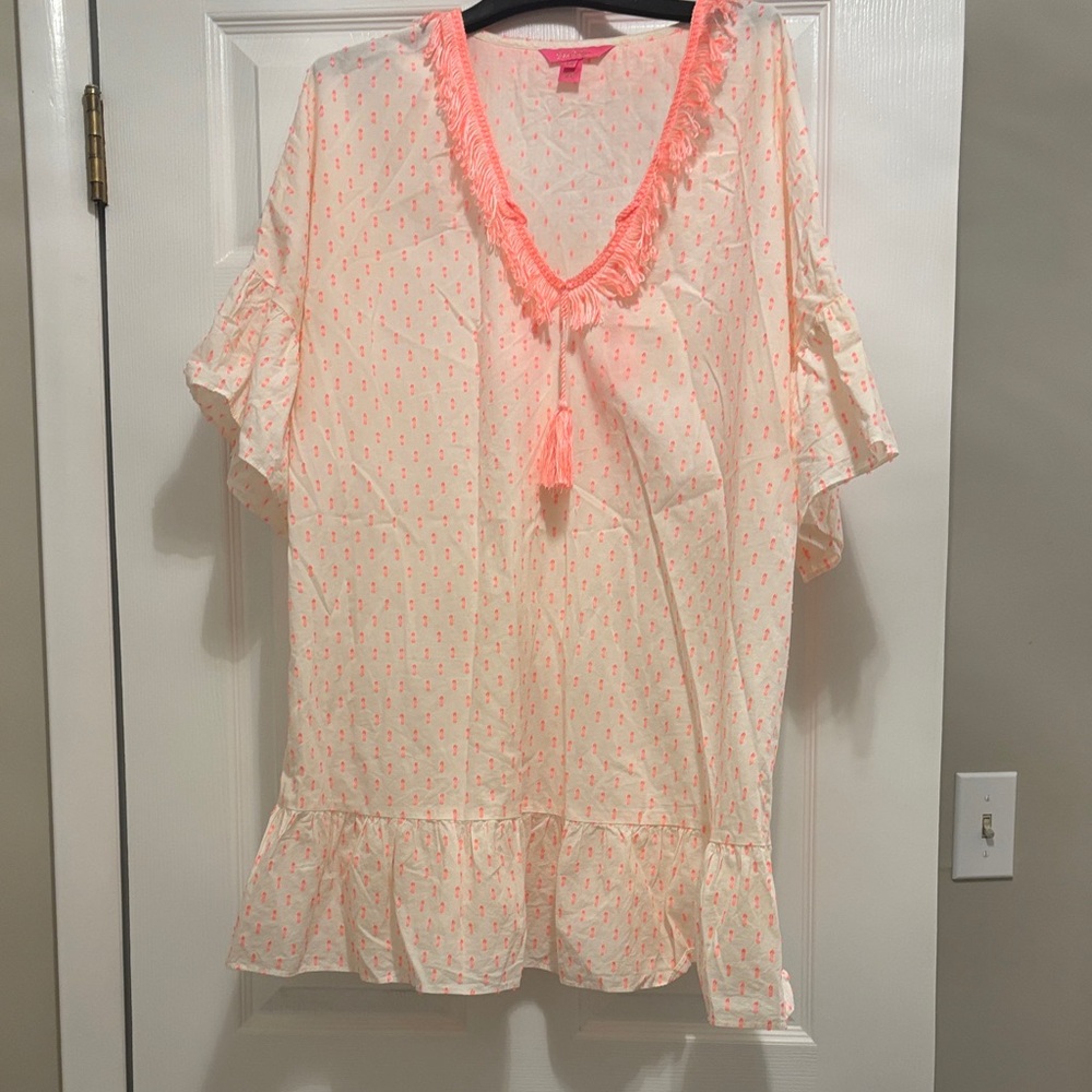 Lilly Pulitzer Cream cover up beach Tunic with Coral Tassel Trim